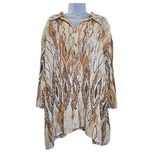 Maggie Barnes Women 3X 26/28W Brown Crinkly Gauze Sequin Graphic Blouse Church